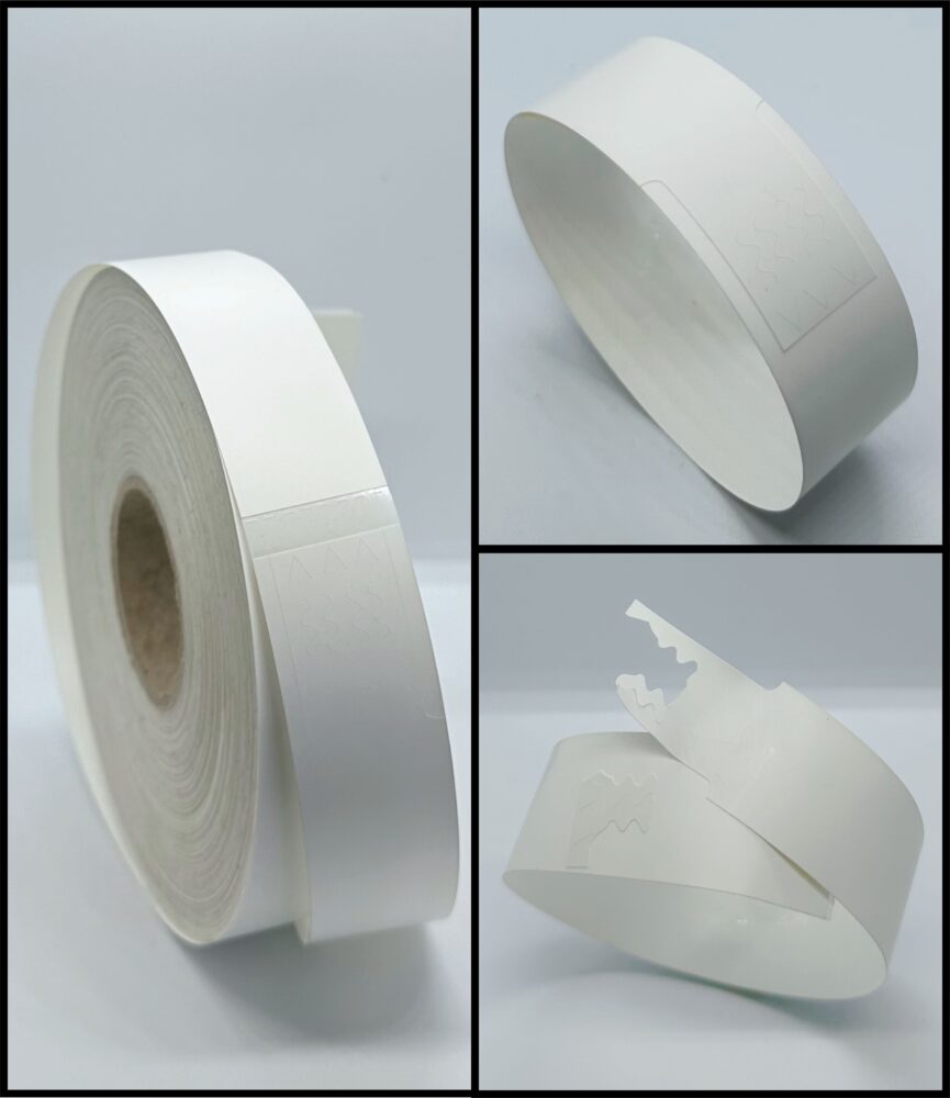 Image #01 for Wristbands, Direct Thermal BOPP Matt, Permanent Label Rolls, 25mm x 280mm, 250 Labels Per Roll, Wound Out, 38mm Core, Perforated, Price Per 10 Rolls - Wavy Wavy Tamperproof, 5.78mm Gap Between Labels