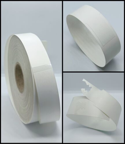 Image for Wristbands, Direct Thermal BOPP Matt, Permanent Label Rolls, 25mm x 280mm, 250 Labels Per Roll, Wound Out, 38mm Core, Perforated, Price Per 20 Rolls - Wavy Wavy Tamperproof, 5.78mm Gap Between Labels