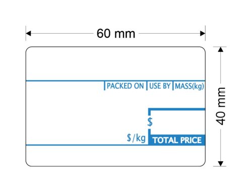 Image for Direct Thermal Paper Matt, Permanent Label Rolls, 60mm x 40mm, 750 Labels Per Roll, Wound Out, 40mm Core, Not Perforated, Price Per 30 Rolls - Blue Pre-printed Artwork - With Headings (Packed On, Use By, Mass, $/kg, Total Price), Labels Suit CAS & Other Scales - LAB6040CAS101