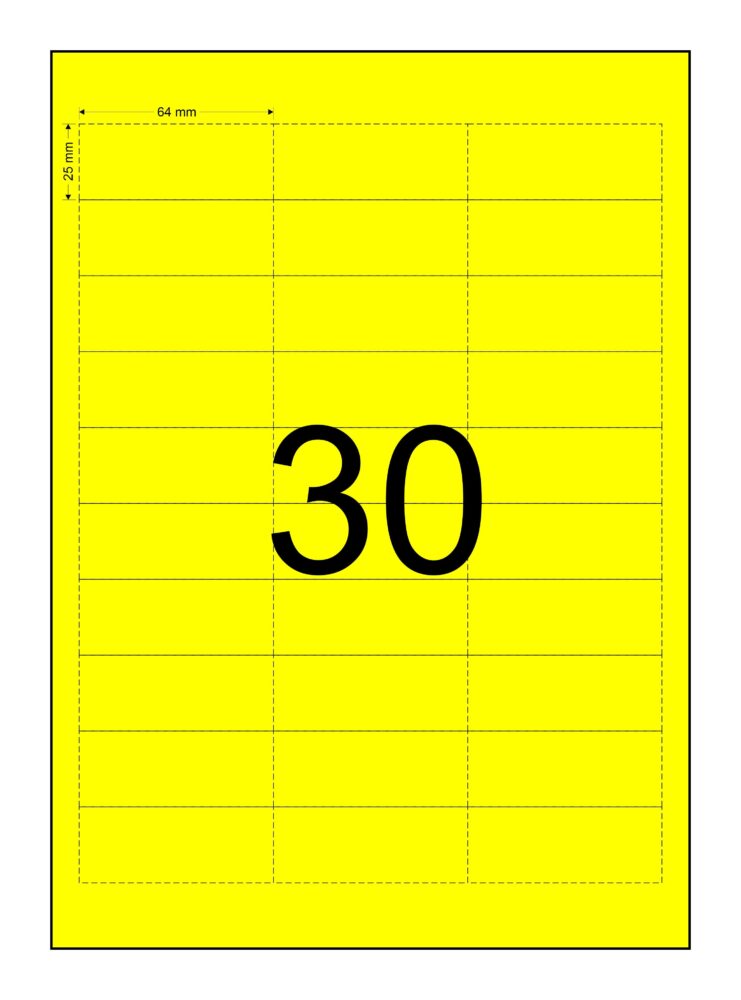 Image #01 for Data Strips, Laser Paper Card Matt (110GSM), Yellow Colour, 64mm x 25mm, 3 Across, 10 Down, Perforated, 30 Tickets Per Sheet, Price Per 150 Sheets