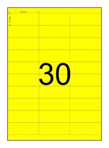 Image for Data Strips, Laser Paper Card Matt (110GSM), Yellow Colour, 70mm x 27mm, 3 Across, 10 Down, Perforated, 30 Tickets Per Sheet, Price Per 150 Sheets