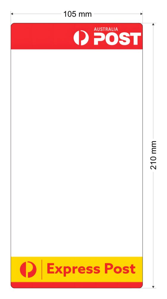 Image #01 for Direct Thermal Paper Matt, Permanent Label Rolls, 105mm x 210mm, 325 Labels Per Roll, Wound Out, 38mm Core, Not Perforated, Price Per 8 Rolls - Red/Yellow Pre-printed Artwork - Express Post Artwork, 2 Colour Print