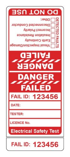 Image for Test Tags with 9mm Slit, Synthetic Gloss, Permanent Label Rolls, 100mm x 40mm, 150 Labels Per Roll, Wound Out, 38mm Core, Not Perforated, Price Per 1 Roll - Red Pre-printed Test Tags - Danger Failed