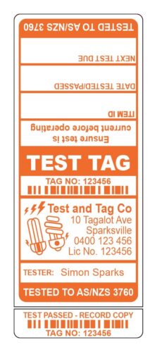 Image for Test Tags with 9mm Slit, Synthetic Gloss, Permanent Label Rolls, 100mm x 40mm, 500 Labels Per Roll, Wound Out, 38mm Core, Not Perforated, Price Per 2 Rolls - Orange Custom Printed Test Tags