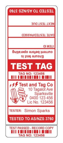 Image for Test Tags with 9mm Slit, Synthetic Gloss, Permanent Label Rolls, 100mm x 40mm, 500 Labels Per Roll, Wound Out, 38mm Core, Not Perforated, Price Per 2 Rolls - Red Custom Printed Test Tags