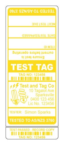 Image for Test Tags with 9mm Slit, Synthetic Gloss, Permanent Label Rolls, 100mm x 40mm, 500 Labels Per Roll, Wound Out, 38mm Core, Not Perforated, Price Per 2 Rolls - Yellow Custom Printed Test Tags