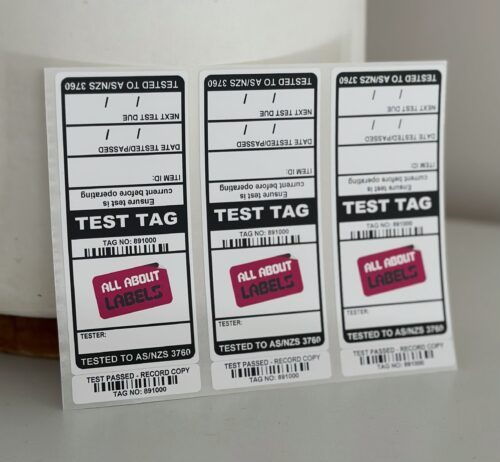 Image for Test Tags with 9mm Slit, Synthetic Matt, Permanent Label Rolls, 100mm x 40mm, 500 Labels Per Roll, Wound Out, 38mm Core, Not Perforated, Price Per 2 Rolls - Black & CMYK Custom Printed Test Tags