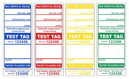 Image for Test Tags with 9mm Slit, Synthetic Gloss, Permanent Label Rolls, 100mm x 40mm, 250 Labels Per Roll, Wound Out, 38mm Core, Not Perforated, Price Per 4 Rolls - Red/Blue/Green/Yellow Pre-printed Test Tags