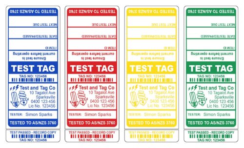 Image for Test Tags with 9mm Slit, Synthetic Gloss, Permanent Label Rolls, 100mm x 40mm, 250 Labels Per Roll, Wound Out, 38mm Core, Not Perforated, Price Per 4 Rolls - Red/Blue/Green/Yellow Custom Printed Test Tags - 250 of Each Colour