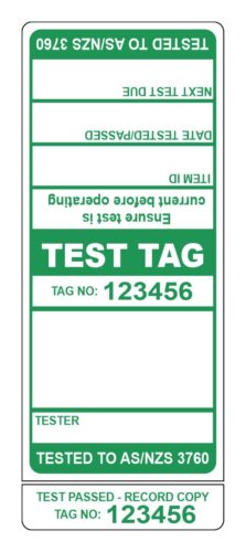 Image for Test Tags with 9mm Slit, Synthetic Gloss, Permanent Label Rolls, 100mm x 40mm, 250 Labels Per Roll, Wound Out, 38mm Core, Not Perforated, Price Per 1 Roll - Green Pre-printed Test Tags