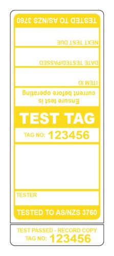 Image for Test Tags with 9mm Slit, Synthetic Gloss, Permanent Label Rolls, 100mm x 40mm, 250 Labels Per Roll, Wound Out, 38mm Core, Not Perforated, Price Per 1 Roll - Yellow Pre-printed Test Tags