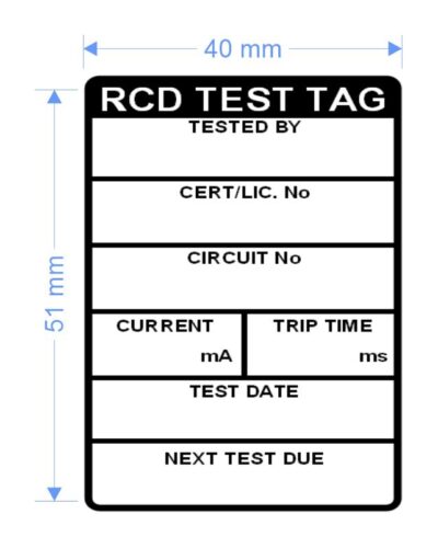 Image for RCD Test Tags, Synthetic Matt, Permanent Label Rolls, 50mm x 40mm, 500 Labels Per Roll, Wound Out, 38mm Core, Not Perforated, Price Per 2 Rolls - Black Pre-printed Test Tags