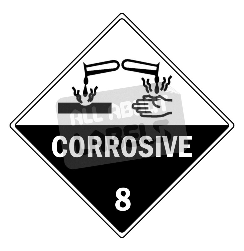 Image #01 for Paper Gloss, Permanent Label Rolls, 100mm x 100mm, 250 Labels Per Roll, Wound Out, 76mm Core, Not Perforated, Price Per 1 Roll - Black Printed Hazard Warning - Corrosive 8