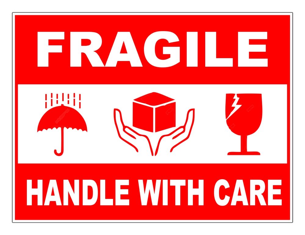 Image #01 for Paper Gloss, Permanent Label Rolls, 100mm x 75mm, 250 Labels Per Roll, Wound Out, 76mm Core, Not Perforated, Price Per 1 Roll - Red Printed Caution Warning - Fragile, Handle with Care