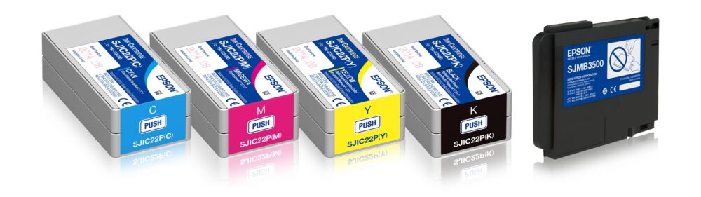 Image #01 for Epson Cyan/Magenta/Yellow/Black Ink Cartridge & Maintenance Box Bundle for Epson ColorWorks TM-C3500 - SJIC22P & SJMB3500