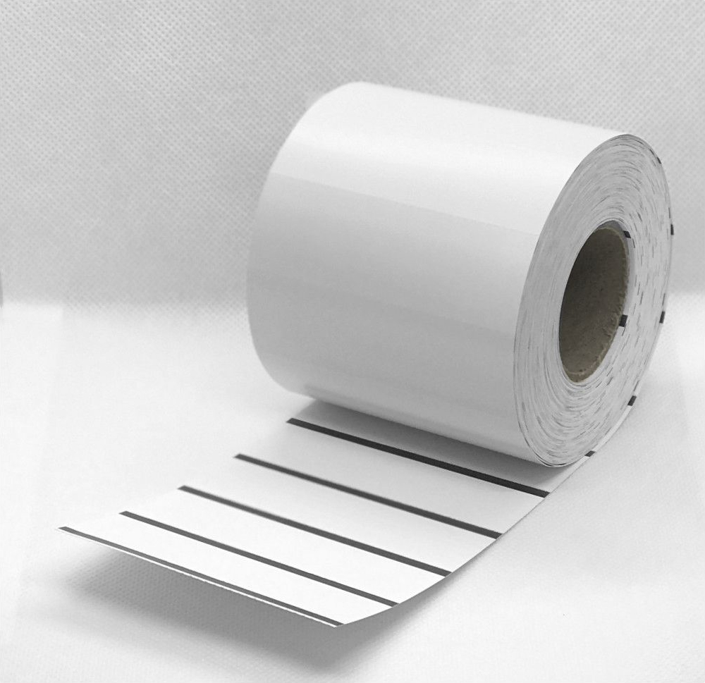 Image #01 for Data Strips with Black Reg Line, Direct Thermal Card Ticket Roll, 80mm x 25mm, 1000 Per Roll, Wound Out, 38mm Core, Perforated, Price Per 5 Rolls