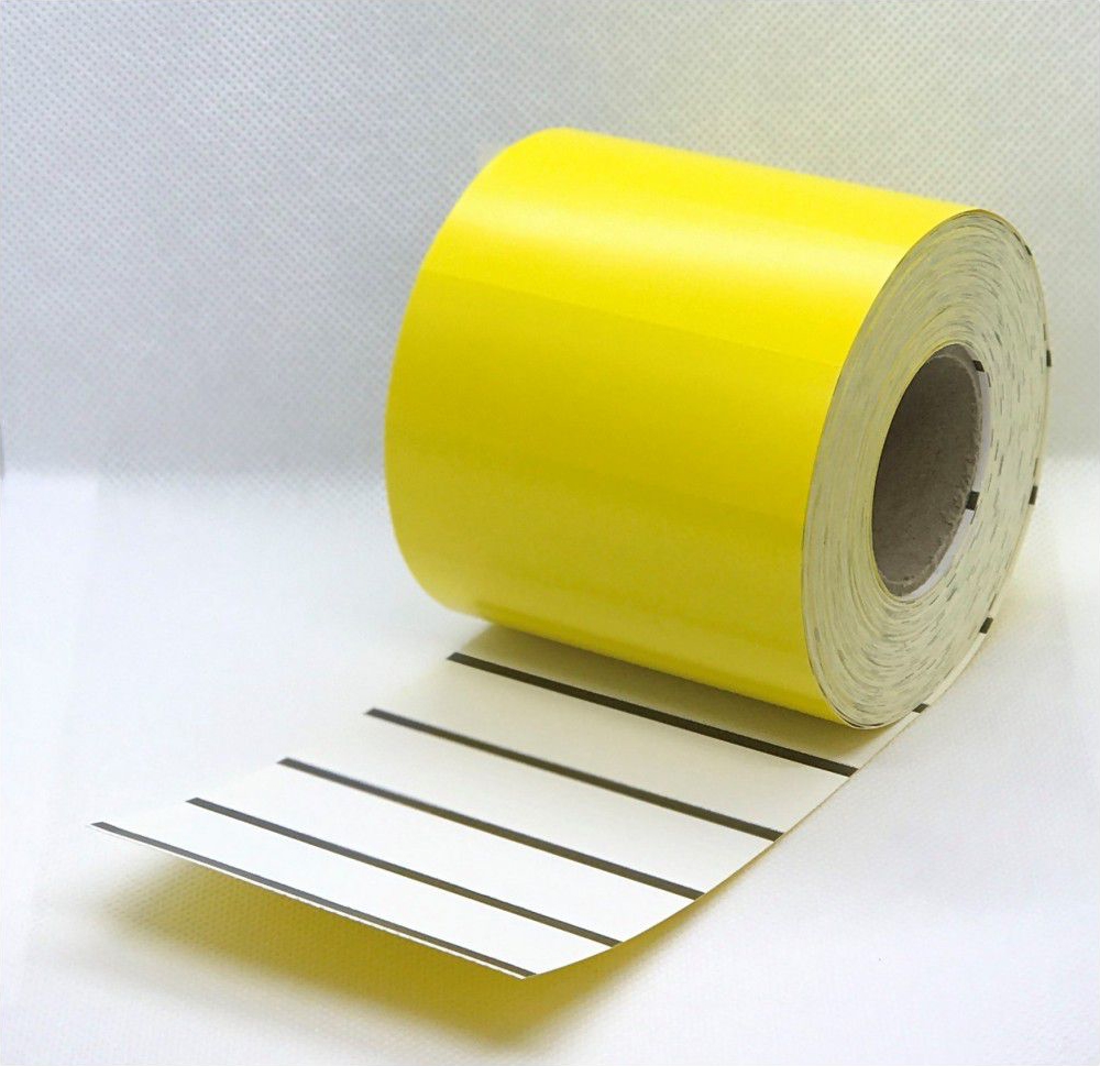 Image #01 for Data Strips with Black Reg Line, Thermal Transfer Card Ticket Roll, Yellow Colour, 80mm x 25mm, 1000 Per Roll, Wound Out, 38mm Core, Perforated, Price Per 5 Rolls